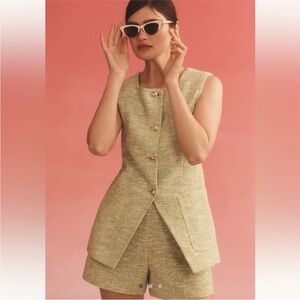 Maeve by Anthropologie Lime Green Cut Away Tweed Vest Size M